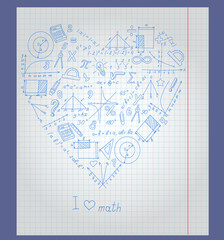 Wall Mural - The notebook sheet in a cage with painted icons on the theme of math in the shape of a heart