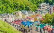 Kiev, capital of Ukraine. Multi-colored houses. Panoramic from the castle hill. View of colorful old town Kyiv. Panorama.