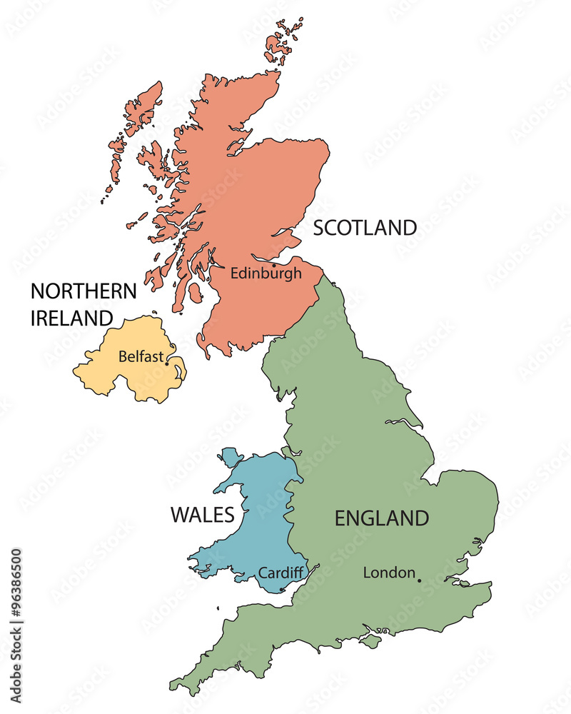 colorful map of countries of United Kingdom with indication of capital