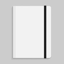 Black copybook with elastic band bookmark. Vector illustration.