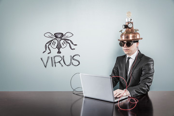 Wall Mural - Virus concept with vintage businessman and laptop