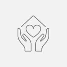 Hands Holding House Symbol With Heart Shape Line Icon.