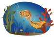 Illustration of the fishes on the background of a sea landscape