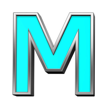 One letter from turquoise with chrome frame alphabet set, isolated on white. Computer generated 3D photo rendering.