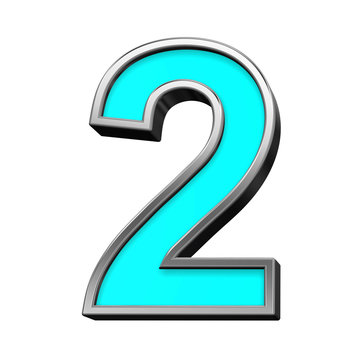 One digit from turquoise with chrome frame alphabet set, isolated on white. Computer generated 3D photo rendering.