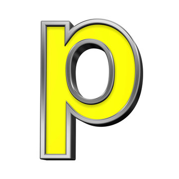 One lower case letter from yellow with chrome frame alphabet set, isolated on white. Computer generated 3D photo rendering.