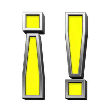 Exclamation mark sign from yellow with chrome frame alphabet set, isolated on white. Computer generated 3D photo rendering.