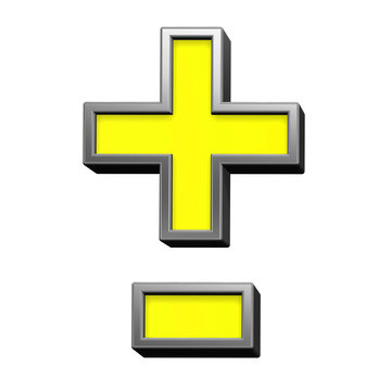 Hyphen, minus, plus marks from yellow with chrome frame alphabet set, isolated on white. Computer generated 3D photo rendering.