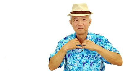 Wall Mural - Asian senior guy on blue hawaii shirt wearing hat ready for holi