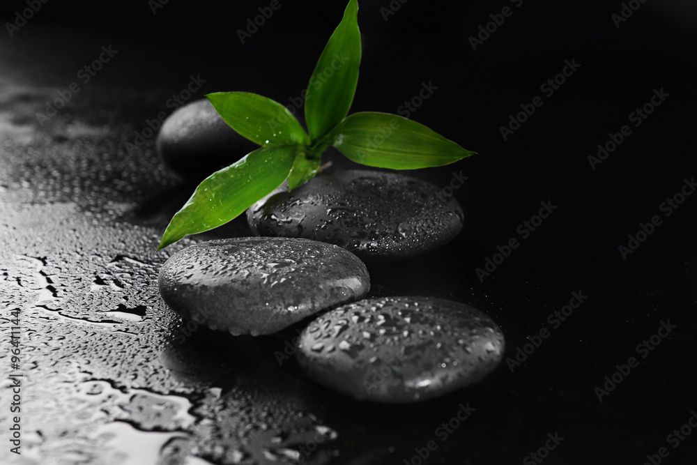Pebbles with bamboo leaf on black background