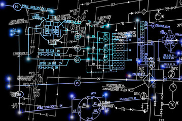 Poster - Engineering industrial electrical scheme with blue luminescence on black background.Power industrial technology