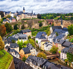 Wall Mural - Luxembourg city, view over the Grund to upper town