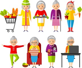 Wall Mural - Set of vector Illustration a group of old woman in different situations.
