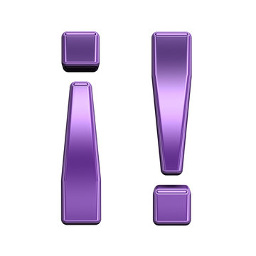 Exclamation mark from shiny purple alphabet set, isolated on white. Computer generated 3D photo rendering.