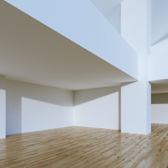 Wall Mural - Big empty white office interior with wood floor. 3d render