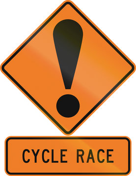 Road sign assembly in New Zealand - Cycle race