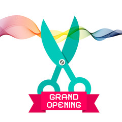 Poster - Grand Opening Vector with Scissors and Colorful Wave Ribbon on White Background