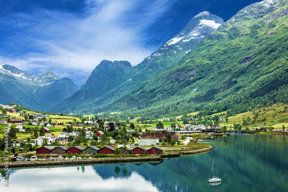 Mountain village Olden, Norway - obrazy, fototapety, plakaty 
