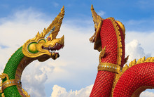 Serpent King Or King Of Naga Statue On Blue Sky In Thailand