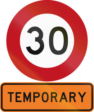 Road sign assembly in New Zealand - Temporary speed limit