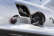 Detail Of Helmet And Headphones On Wing Of Jet Fighter Aircraft Mikoyan-Gurevich MiG-15