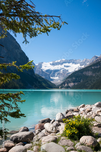 Fotografie, Obraz Lake Louise and Glacier. Vertical Landscape. Copy space.