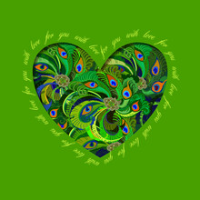 Green Painted Peacock Feathers Heart Design. Love Card. 