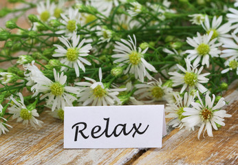 Wall Mural - Relax card with fresh chamomile flowers on rustic wooden surface
