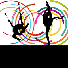 Female woman modern rhythmic gymnastics art with Indian clubs ve