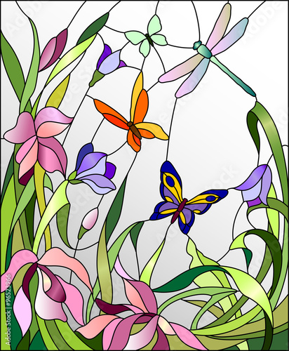 Naklejka na szybę Witraż z kwiatami i motylami