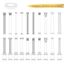 Classical Architectural Column Drawings In Set. Vector Drawing Design Elements For Classic Architecture