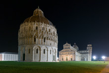 Baptistry, Cathedral And Leaning Tower Of Pisa At Night