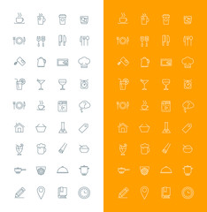 Wall Mural - Food and Restaurant Line Art Design Vector Icon Set. Food, Beverages, Cooking, Kitchenware, Cutlery
