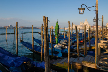 Gondolas at a pier in Venice, Italy