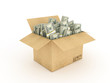 cardboard box with dollars