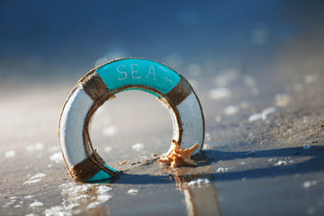 Beautiful life buoy in the sand with starfish on unfocused sea background