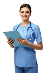 Poster - Smiling medical doctor holding a folder isolated on white