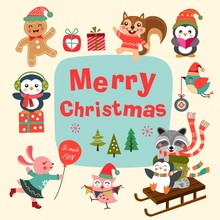 Set Of Cute Cartoon Christmas Characters. Vector Illustration.