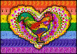  French rooster and  heart symbol on rainbow flag