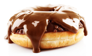 Sticker - Delicious baked doughnut with melted chocolate topping, isolated on white