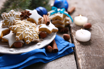 Wall Mural - Cookies with spices and Christmas decor, on wooden table