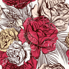 Aufkleber - Vector seamless wallpaper pattern with roses in vintage style