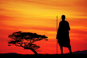 Wall Mural - Masai in African landscape