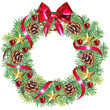 Couronne de Noël : branches de sapin, pommes de pin, noeud, boules et ruban rouge, étoiles or
