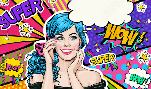 Naklejka na szafę Pop Art illustration of blue head girl on Pop art background.Pop Art girl. Party invitation. Birthday greeting card. Advertising poster. Comic woman. Romantic girl hiding her face.