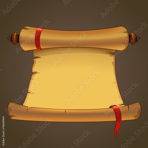 Fotografie, Obraz Background. Old paper scroll. Parchment with red ribbon.