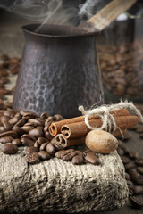 Poster - Coffee beans with spices and cezve