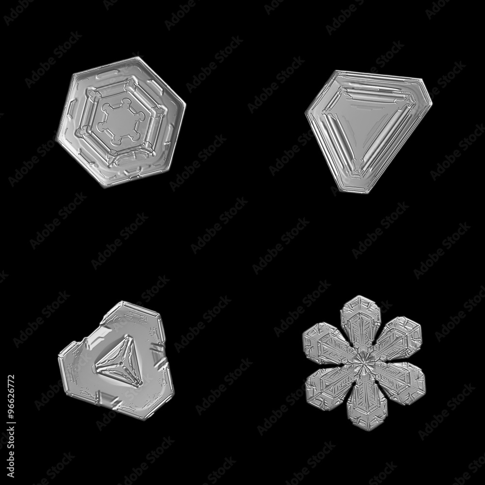 Set of 4 real snowflake photos (tiny triangular, hexagonal and sectored ...