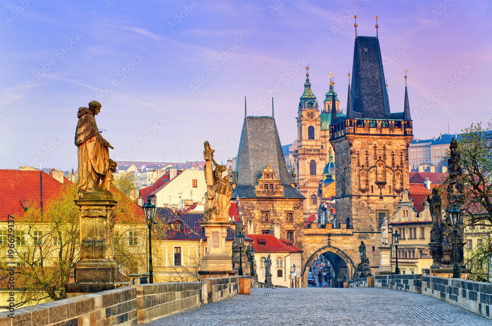 Charles Bridge and the towers of the old town of Prague on sunrise, Czech Republic - obrazy, fototapety, plakaty 
