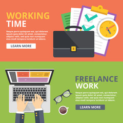 Poster - Working time, freelance work flat illustration concept set. Top view, front view web banners
